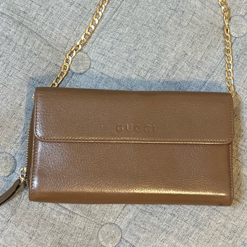 Gucci✨Long Pebbled Leather Continental Travel Organizer Flap Wallet Gold Chain - Picture 12 of 13